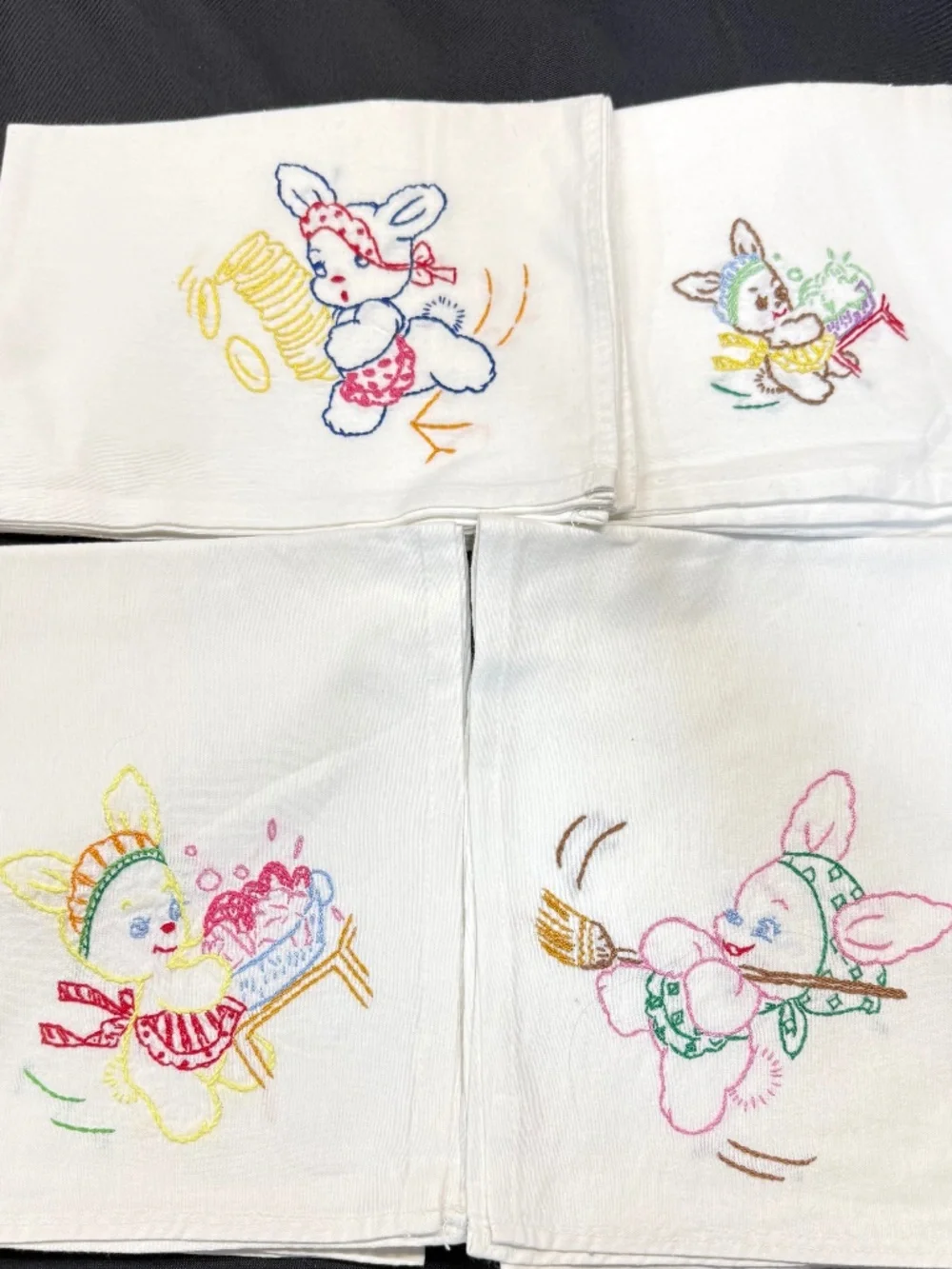 Vintage Hand Embroidered Flour Sack Towels. Playful Anthropomorphic Bunny Design